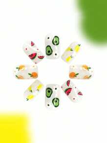 24pcs Short Square Shiny Press-On Nails, Cute White Flower & Fruit Series (Strawberry, Orange) Green Nails, Full Cover Removable Nail Art Supplies, Includes 1pc Jelly Gel And 1pc Nail File, Decorate Your Nails And Elevate Your Fashion, Women Nail Gift, Suitable For Ladies And Girls In School, Office, Party And Daily Wear