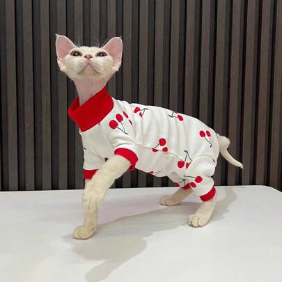 经典新款樱桃印花全覆盖斯芬克斯猫四腿衣服夏季无毛猫衣服腹部保护适用于中小型猫
