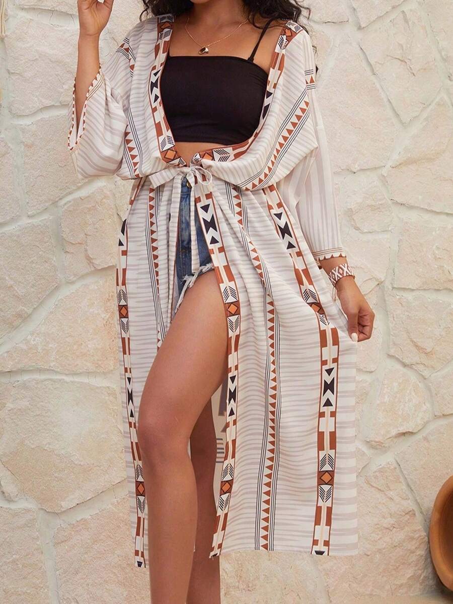 女士几何印花蝙蝠袖长袖系带度假和服罩衫 - 白色 - 查看 1