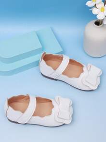 1 Pair Baby Girl Flat Shoes, White Bow & Hook And Loop Design, Comfortable Casual Flats - White - View 6