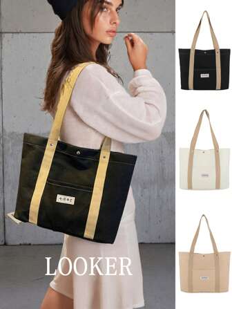 1 件新款女士手提包，帆布材质，磁扣，容量大，简约轻巧，方形，耐磨，休闲，时尚，优雅，适合返校、居家、通勤、办公、购物、度假、旅行