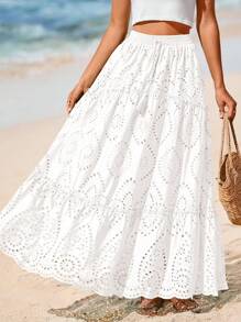 Women's Casual Lace Embroidery Eyelet Elastic High Waist Tiered A-Line Flowy Long Skirt Summer Boho Bohemian Beach Spring Holiday Vacation Going Out Valentine Long Maxi Skirt Outfits - trắng - Xem 4