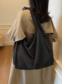 华夫格子图案大容量休闲风格女士单肩包，休闲学院风单肩斜挎包 - 黑色 - 查看 11