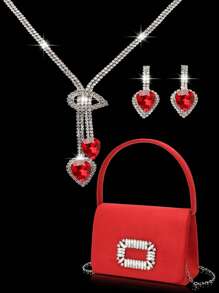 女士水钻首饰 闪亮奢华水钻首饰套装 闪亮项链耳环手链套装 个性天鹅绒手持水钻装饰翻盖手提包宴会包信封手提包婚礼派对