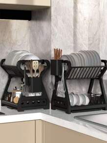 Escurridor para Platos y Vasos de Doble Nivel – Diseño Compacto, Resistente y Antigoteo para una Cocina Ordenada - Escurridor de Trastes de 2 Niveles – Organizador de Cocina en ABS y Aluminio con Sistema de Drenaje y Gran Capacidad. - Multicolor - Ver 5