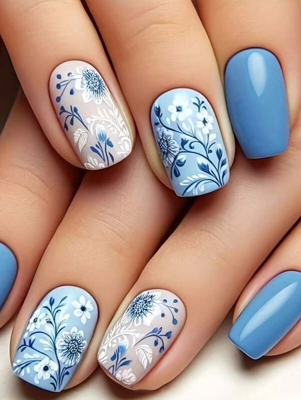 24pcs Set Of Medium Square Press-On Nails With Blue Floral Design - Glossy Finish, Includes Jelly Adhesive & Nail File For Easy Application, Press-On, Suitable For Daily Wear