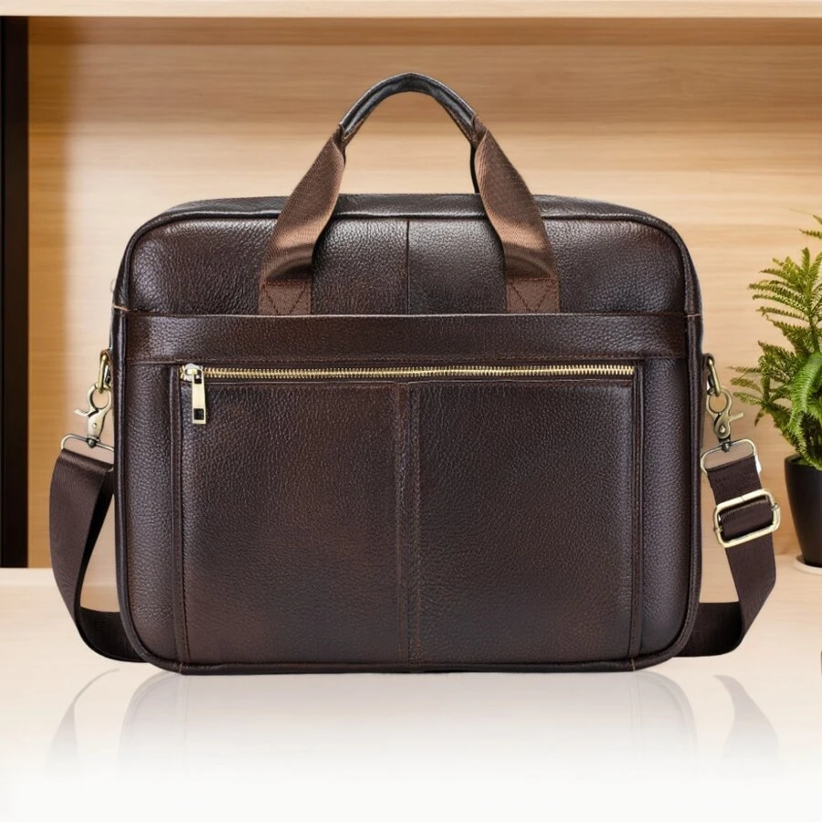 Men's Premium Genuine Leather Laptop Briefcase - Waterproof Business Computer Bag With Adjustable Shoulder Strap For 14 Inch Laptop