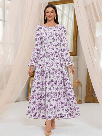 فستان طويل نسائي برقبة عالية مع أكمام منتفخة مطبوع بزهور، كاجوال للربيع/الصيف ، متواضع