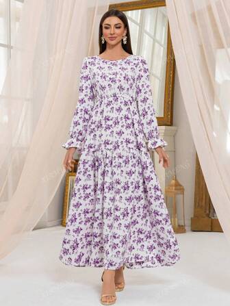 Women's Floral Print Puff Sleeve Long Dress, Casual For Spring/Summer,Modest