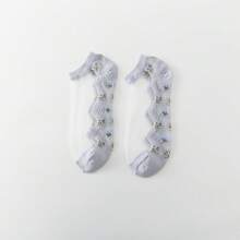 5 Pairs Women's Summer Crystal Mesh Socks, Lightweight Breathable Glass Crystal Socks With Embroidered Ditsy Floral Details, Machine Washable, Cute Invisible Boat Socks, Ladies Stockings And Socks