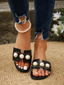 女士仿珍珠平底拖鞋，时尚露趾防滑纯色凉鞋，户外百搭凉鞋，春夏穿搭 - 黑色 - 查看 4
