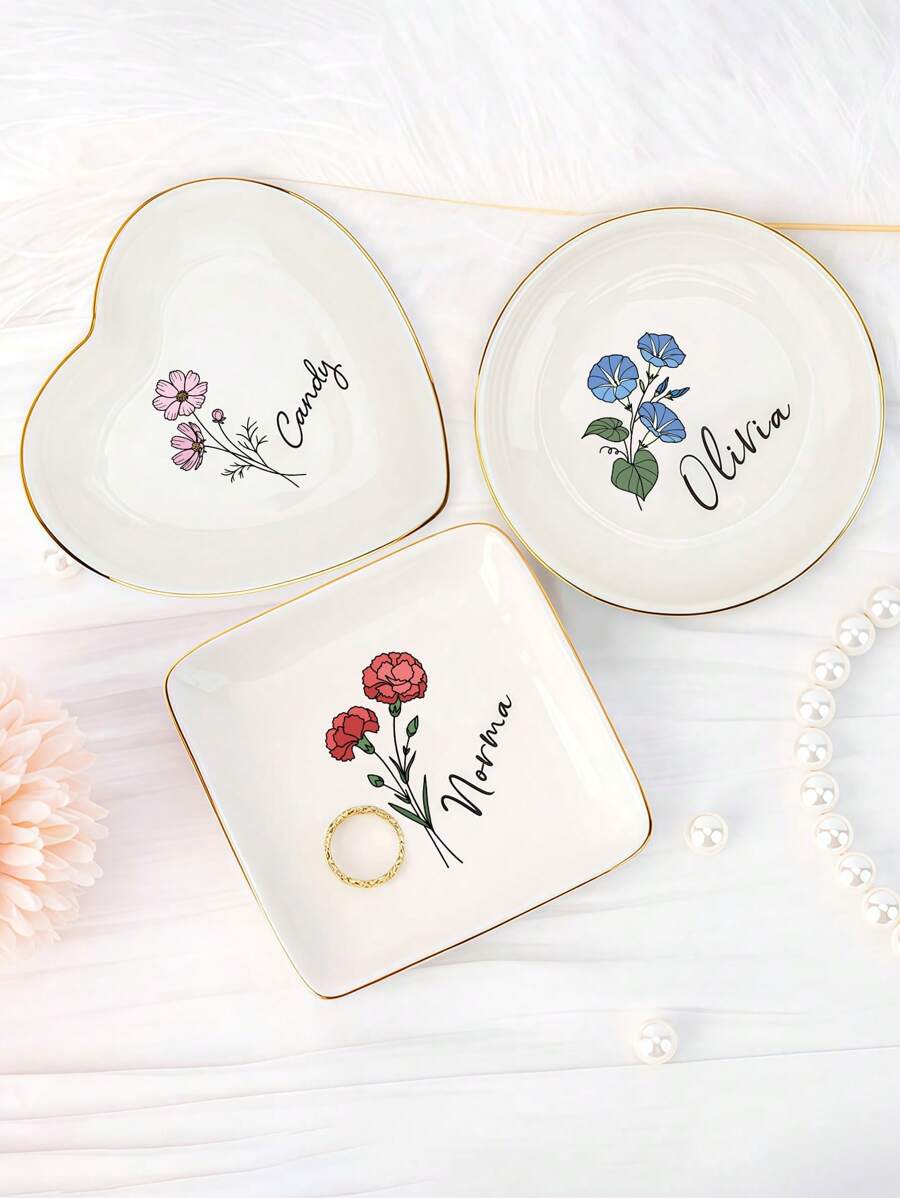 个性化生日花卉首饰托盘，定制水彩花卉戒指托盘，个性化生日首饰托盘，定制陶瓷戒指托盘，定制首饰托盘，个性化结婚戒指托盘，送给朋友的礼物，生日礼物，婚礼伴娘礼物，闺蜜礼物，色彩缤纷，可爱，迷人，趣味十足，卡哇伊，新年魅力 - 彩色 - 查看 1