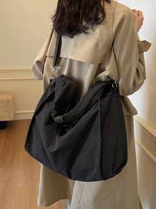 华夫格子图案大容量休闲风格女士单肩包，休闲学院风单肩斜挎包 - 黑色 - 查看 10