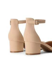 Women's Ankle Strap Chunky Heel Pumps Closed Round Toe Low Block Heels Elegant Simple Wedding Office Party  Dress Shoes - 杏色 - 查看 5
