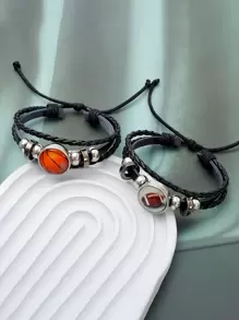 2pcs/ Set 1pc LED Digital Display Electronic Watch + 1pc Football/Basketball/Badminton/Volleyball/Baseball/Rugby Leather Braided Rope Bracelet Personalized Simple Beaded Bracelet Creative Fan Souvenir Gift Bracelet Astronaut Football Basketball Rugby The Best Choice For Holy Day, Christmas, Valentine's Day, Mother's Day, Holiday Gifts - Black - View 7