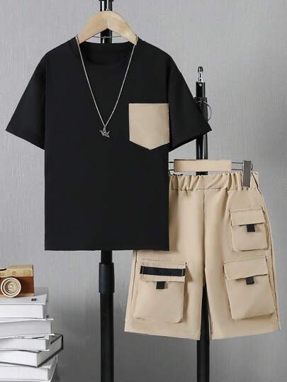 Tween Boys' Fashionable Daily Casual Short Sleeve T-Shirt And Workwear Pocket Shorts Set