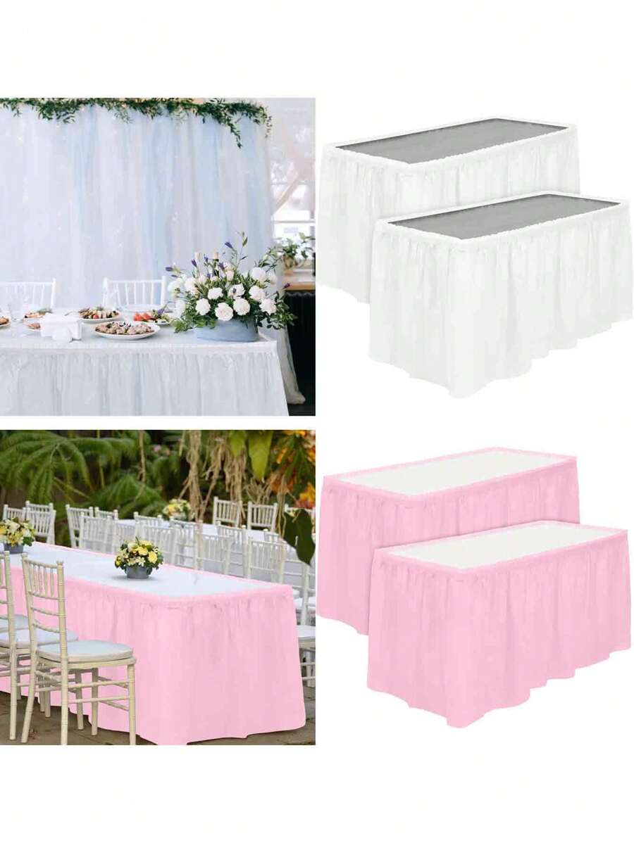 2pcs Wedding Table Skirt, White/Pink Disposable Plastic Table Skirt For Wedding Decor, Anniversary Party, Bridal Shower Decorations, Home Table Decoration - Multicolor - View 1