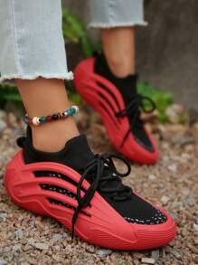 Women's Casual Sport Shoes, Knit Elastic Band Breathable Running Shoes, Outdoor Fitness Trekking Sneakers