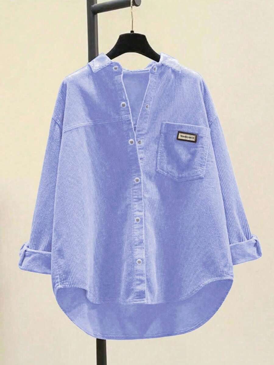 Women Corduroy Button Down Shirts Relaxed Fit Casual Long Sleeve Fashion Jacket 2024 Fall Oversized Blouses Tops With Pockets - Light Purple - View 1