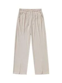 Men's Summer Corduroy Zipper Slit Wide Leg Pants, Solid Color Versatile Casual Sports Trousers