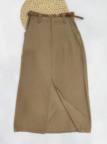 Midi Skirt With Belt High Waist Slit - Mocha Brown - View 1