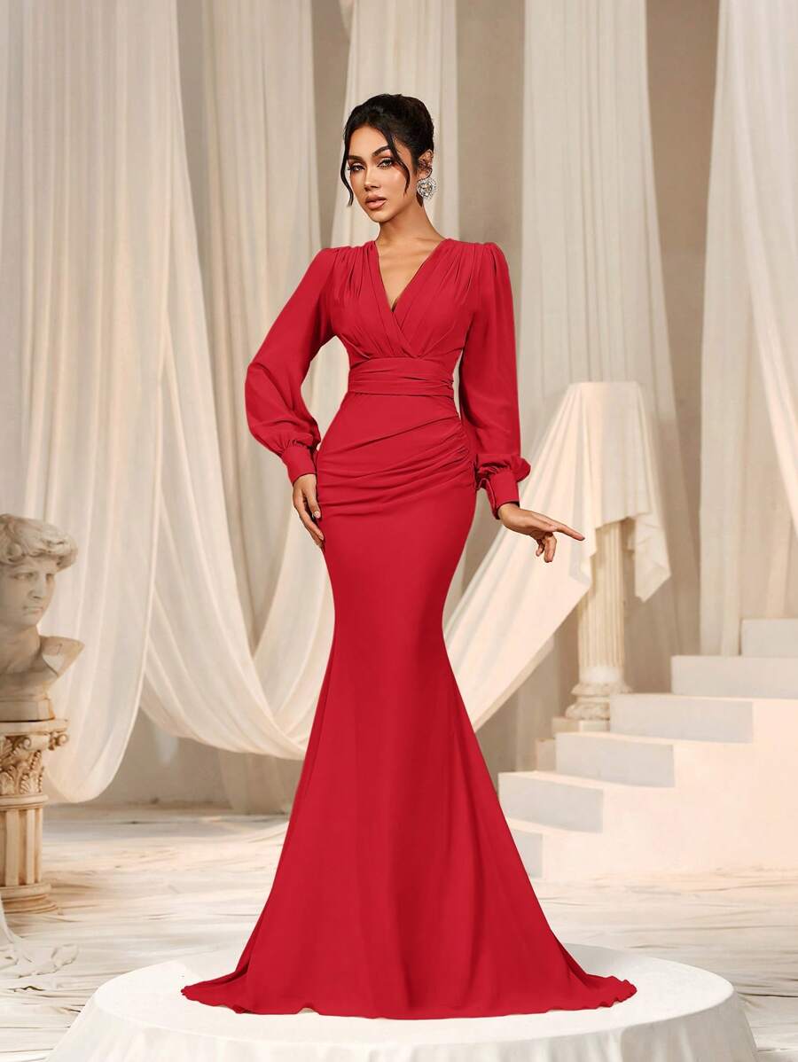 Faeriesty Đầm phù dâu dài bằng chiffon thanh lịch, cổ chữ V, tay áo cánh hoa với bèo nhún và ruy băng satin.