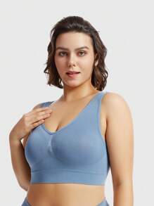 1pc Plus Size Wire-Free Padded Plunge Bra, Comfortable & Supportive - Dusty Blue - View 3