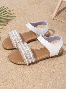 女童夏季凉鞋，女童白色鞋子，女童校鞋，优雅珍珠白，适合海滩、度假、日常穿着，平底凉鞋 - 白色 - 查看 2