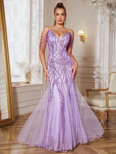 Nuovo abito da festa privo di maniche, a sirena, con paillettes viola, schiena scoperta, decorato con perline. Abito elegante e sexy adatto per laurea, anniversario, compleanno, ballo, matrimonio, primavera/estate, cerimonia serale