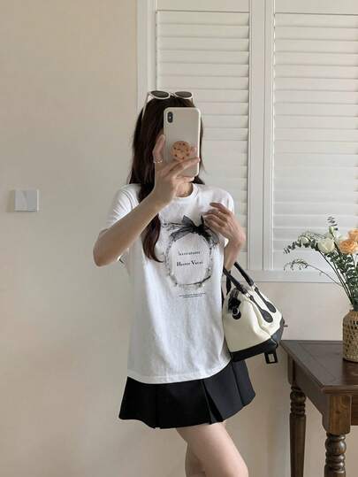 缀饰串珠蝴蝶结交叉露背宽松短袖T恤