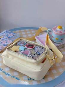 2025可爱女孩糖果色透明手机袋钱包，新款单肩包，斜挎包，PVC DIY徽章展示板手提包，时尚米黄色女包 - 黃色 - 查看 11