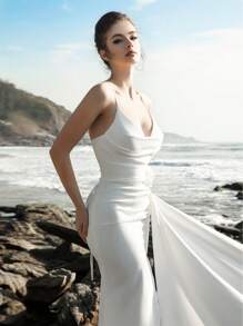 New Arrival Women Solid Color Minimalana Sexy Spaghetti Strap High Slit Beach Dress, White Elegant Bridal Shower Dress & Wedding Dress - White - View 7