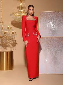 Nuevo vestido ajustado de manga larga con aplicación de rhinestones en rojo para mujer, diseño elegante de vendaje, adecuado para fiestas, bodas, graduaciones, galas, homecoming, vestido de fiesta, vestido de invitada de boda, vestido de gala, vestido de noche.