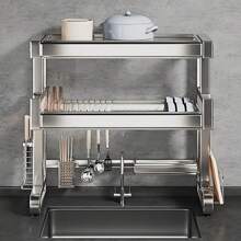 Organizador de cocina de acero inoxidable - Estante multifuncional para el fregadero, con bandeja para lavar, almacenamiento de cuchillos y condimentos, diseño de una o dos capas, adecuado para estante de encimera y gabinete de cocina