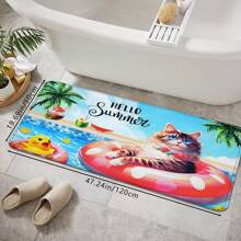 1pc Creative Summer Multicolor Pool Kitty Printed Doormat, Soft Non-Slip Absorbent Machine Washable Anti-Fatigue Kitchen Mat, Rectangular Low Pile Rug For Living Room, Bedroom, Kitchen, Laundry Room, Holiday Home Decor
