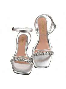 Elegant Geometric Stonework Chunky Block Heel Sandal - 銀色 - 查看 2