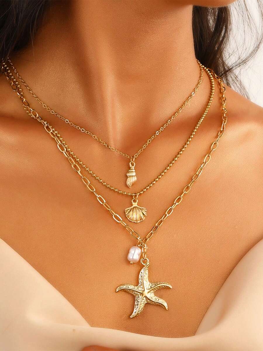 1 件时尚海洋风格三层珍珠、海星、贝壳吊坠项链、复古合金项链，适合女士 - 金色 - 查看 1