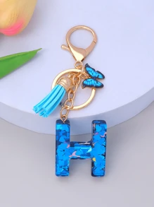 1pc Women's Initial Letter Black Butterfly Glitter Crystal Resin Epoxy Keychain With Butterfly Tassel Decor