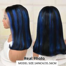 Highlight Blue Straight Bob Cut Hair 13X4 Transparent Frontal Lace Black And Blue Colored Skunk Stripe Human Hair Bob Wig For Women Pre Plucked - Piano Color - View 9