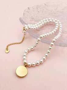 1pc Elegant Dainty Shell Beads Chain 18K Gold Plated Stainless Steel Black Dripping Oil Star & Moon Charm Necklace For Women Daily & Beach - Gold+White - View 2