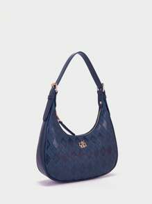 DK DKMG 1 件棕色和蓝色 PU 可调节单肩包，新月形手提包，带有复古菱形网格浮雕图案，适合女性日常使用、节日、会议、礼物