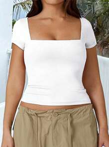 Camiseta de manga corta con cuello cuadrado de unicolor en talla grande con estilo Y2K - Blanco - Ver 3