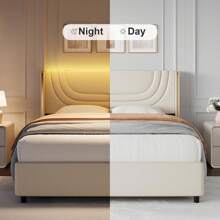 Modern LED Upholstered Bed Frame With Silver Wingback Headboard – Soft PU Leather, Platform Design, Easy Assembly, Ideal For Bedroom, Twin Bed Frame With LED Lights/ Full Bed Frame With LED Lights/ Queen Bed Frame With LED Lights/ Twin Size Bed Frame/ Full Size Bed Frame/ Queen Size Bed Frame, Black/Pink/Beige (USB LED Strip) - 米色 - 查看 4