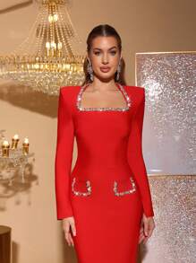 Nuevo vestido ajustado de manga larga con aplicación de rhinestones en rojo para mujer, diseño elegante de vendaje, adecuado para fiestas, bodas, graduaciones, galas, homecoming, vestido de fiesta, vestido de invitada de boda, vestido de gala, vestido de noche.