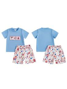 Little Boys 4th Of July Outfit American Flag Firework Pattern Crew Neck Short Sleeve T-Shirt And Shorts For Kids Girl 2 Pcs Set - Blue - View 2