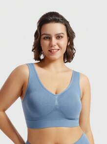 1pc Plus Size Wire-Free Padded Plunge Bra, Comfortable & Supportive - Dusty Blue - View 5