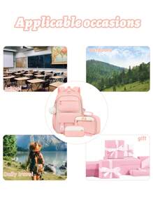 3pcs/Set - Large Capacity Girl's Backpack. Student Bag With Lunch Box Bag And Pencil Case. Simple 15.6-Inch School Laptop Backpack. Outdoor Travel Bag With Plush Ball Pendant. Back-To-School Essential. Suitable For School And Travel