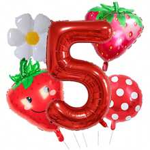 5pcs 32 Inch 1-9 Red Number Strawberry Foil Balloon Set, Strawberry Theme Birthday, Anniversary, Wedding Anniversary, Party Decoration Foil Balloons