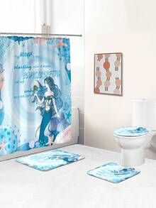 1pc/4pcs Ocean Creatures Multifunctional Bathroom Decoration Set: Waterproof Shower Curtain With 12 Hooks, Anti-Slip Bath Mat, U-Shape Floor Mat, And Round Toilet Seat Cover - Comprehensive Bathroom Solution Bathroom Accessories Back To School