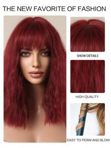 Peluca de estilo con flequillo, de 16 pulgadas, de color rojo vino, de largo medio, con apariencia natural y resistente al calor para uso diario. Peluca tejida de cabello sintético, de estilo elegante, resistente al calor, para uso cotidiano.